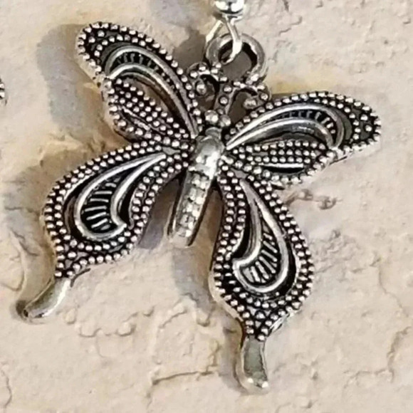 Silver Filigree Butterfly Art Nouveau Earrings - Picture 3 of 3